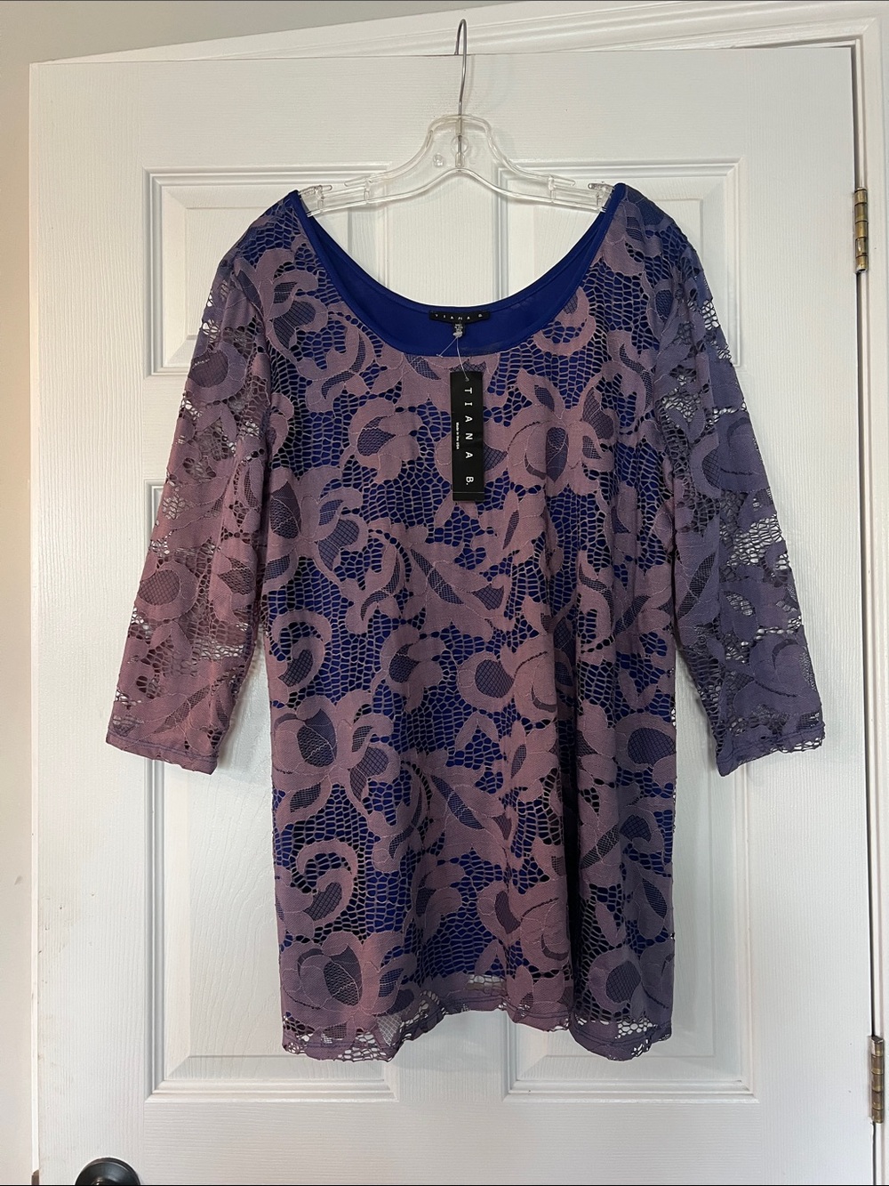Tiana B. Lavender and Navy Floral Lace Tunic